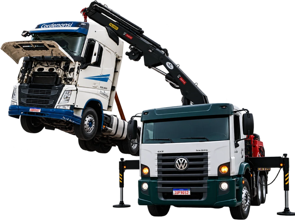 Guincho munck da Guinchos Piratini suspendendo cabine de Volvo FH